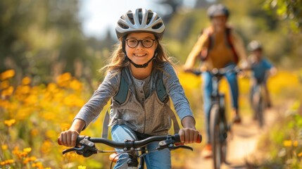 Naklejka premium A family biking together on a sunny day through a nature reserve.