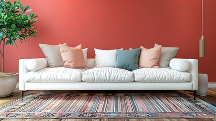3D rendering of a modern living room featuring a white fabric sofa against a coral wall.
