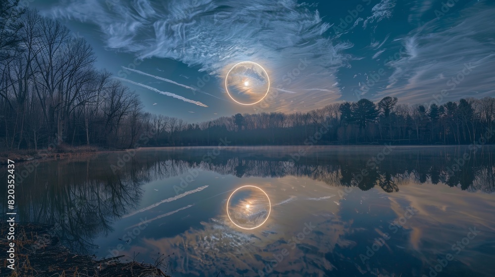 Poster the moons halo is reflected in a calm lake creating a mesmerizing double ring effect.
