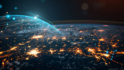 Abstract glowing glass earth globe on a dark background with city lights and digital connections, depicting a futuristic technology concept. High quality detailed illustration of the planet Earth