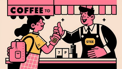 Obraz premium Morning Ritual: Girl Buying Her Coffee Illustration for Coffee Lovers T-Shirt