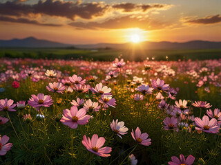 Sunset and cosmos flower field