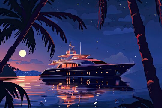 A large boat is sailing on a calm ocean at night. The sky is dark and the moon is visible in the distance. The scene is peaceful and serene, with the boat being the focal point of the image