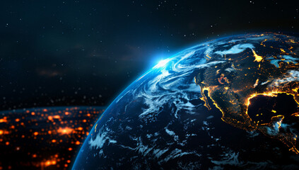 3D rendering of the earth globe with light reflections on a dark background, representing a digital world and global network concept, a glowing planet