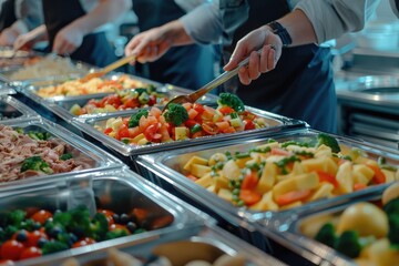 Obraz premium A group of people are serving food from a buffet line. The food includes a variety of vegetables such as broccoli, carrots, and tomatoes. The atmosphere is casual and relaxed
