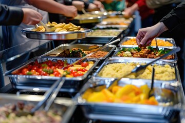 A buffet table with a variety of food, including vegetables and fruits. The table is set up for a large gathering of people