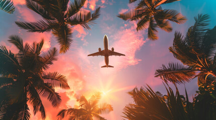 photograph of airplane flying in the sky among palm trees against sunset, tropical vacation background