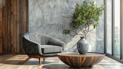 Panoramic 3D rendering of an interior featuring an armchair and coffee table.