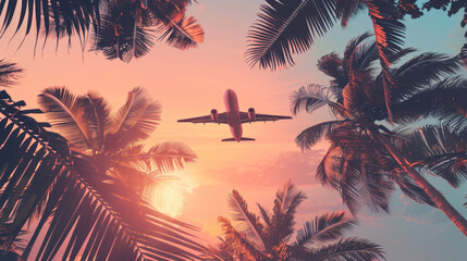 Airplane flying in the sky among palm trees against sunset background, summer vacation concept