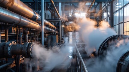Steam billowing out from pipes as the turbines churn inside the power plant.