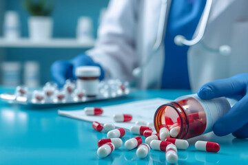 Close-up of a doctor with blue gloves spilling red and white capsules from an amber pill bottle onto a reflective surface