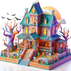 3D render Spooky Haunted House, charming and quirky, whimsical and fun
