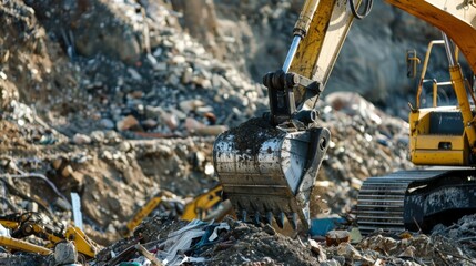 An excavator equipped with a claw attachment delicately sifting through piles of debris to extract valuable minerals.