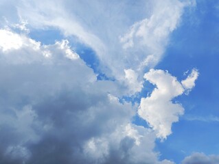 White clouds and blue sky. The view of the clouds and sky is clear and calming
