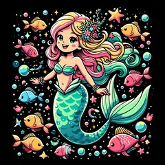A charming cartoon mermaid swimming underwater with colorful fish.