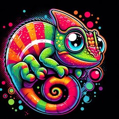 A curious cartoon chameleon with bright, changing colors blending into its surroundings.