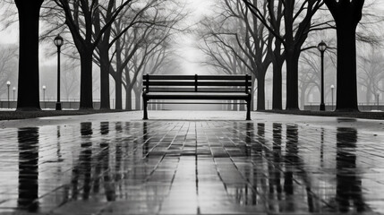 A black and white photograph showing a park bench in the rain, surrounded by a natural landscape. Keywords include tree, wood, building, sunlight, grass, symmetry