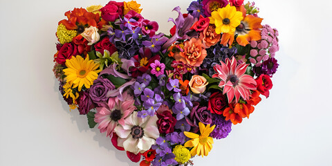 Colorful flowers arranged in a heart shape on a white background.

