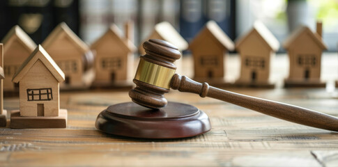houses on table with wooden gavel, stock photo, commercial use