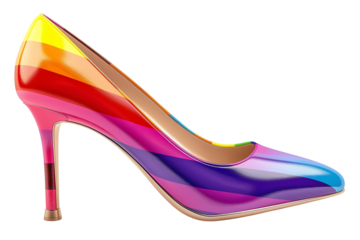 A 3D rendering of a high heel with a rainbow gradient.