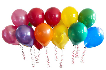 A bunch of colorful balloons with red ribbons.