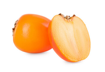 Whole and cut persimmon fruits isolated on white