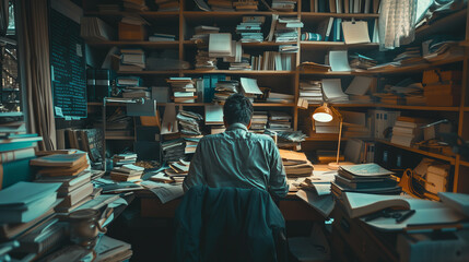 Naklejka premium A person sitting at his desk, surrounded by papers and books scattered with notes. A messy office environment full of bookshelves, concept of productivity, organization