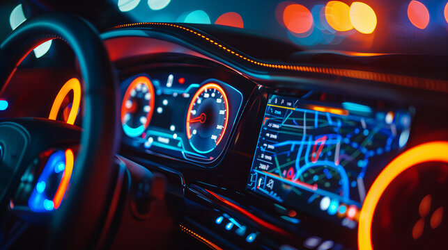 Close-up of a modern digital car dashboard with multicolored lights