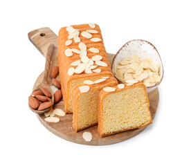 Cake with fresh almond flakes, spoon and nuts isolated on white