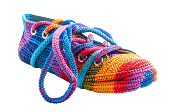 Colorful knitted sneaker with untied shoelaces on a transparent background.