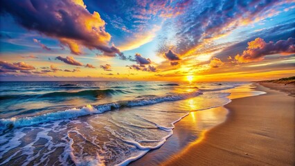 A peaceful beach at sunset, with gentle waves lapping against the shore and a colorful sky overhead