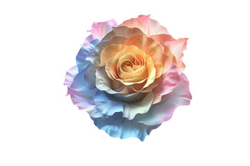 The photo shows a beautiful rose with a gradient of colors from yellow to pink and blue