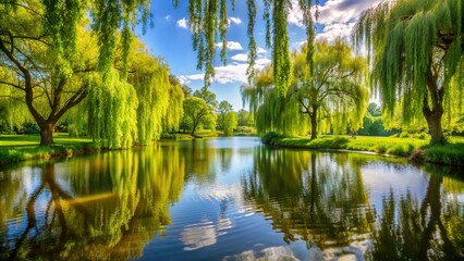 A tranquil pond surrounded by weeping willows, their branches gently swaying in the breeze, creating a sense of calm and serenity.