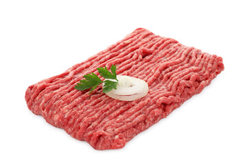 Raw ground meat, onion and parsley isolated on white