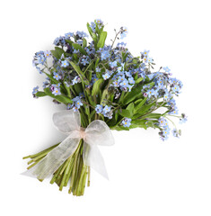 Bouquet of beautiful forget-me-not flowers on white background, top view. Space for text