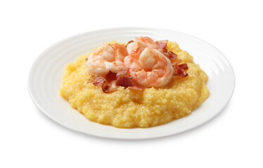 Plate with fresh tasty shrimps, bacon and grits isolated on white