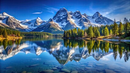 A tranquil mountain lake nestled among snow-capped peaks, reflecting the clear blue sky above.