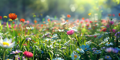 Fresh spring meadow with wildflowers, renewal theme clover flowers spring natural background. 

