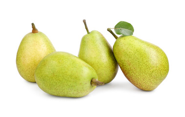 Tasty ripe pears with leaf on white background