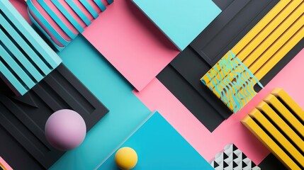 Abstract background with colorful geometric shapes and patterns in blue, pink, yellow, black 