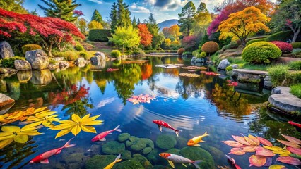 A tranquil pond in a Japanese garden, with koi fish swimming gracefully among lily pads and colorful foliage