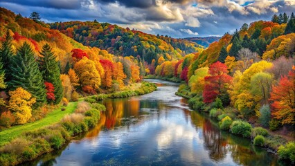 A tranquil river winding through a lush valley, with colorful autumn foliage lining its banks, providing a natural, free space for reflection and renewal