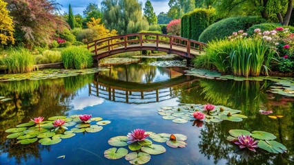 A tranquil garden pond with water lilies and a small wooden bridge, creating a serene oasis for relaxation