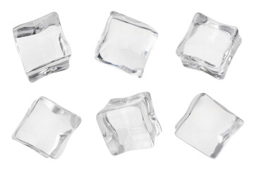 Crystal clear ice cubes isolated on white, set