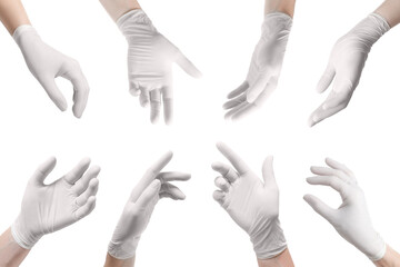 Woman wearing medical glove on white background, closeup. Collage of photos