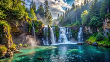 A majestic waterfall cascading down rugged cliffs into a crystal-clear pool below, surrounded by dense forest foliage and mist rising into the air.