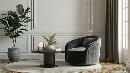 Fototapeta premium Panoramic 3D rendering of an interior featuring an armchair and coffee table.