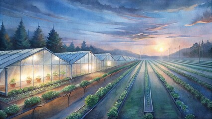 A panoramic view of a smart farm at dusk, with LED grow lights illuminating rows of plants in a greenhouse, extending the growing season and ensuring year-round harvests