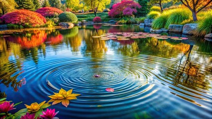 The gentle ripples of a tranquil pond create mesmerizing patterns, mirroring the vibrant colors of the surrounding flora in a serene aquatic tableau
