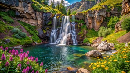 A majestic waterfall cascading down rugged cliffs into a pristine pool below, surrounded by lush...